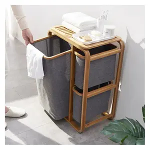 Hot Sell Bamboo Portable Hamper Kids Dirty Laundry Basket Organizer For Bathroom Bedroom Storage 3 Drawers