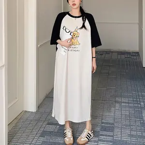 2024韓国の女性の夏のコットンドレスロングTシャツガールズカジュアルプラスサイズラウンジウェアパッチワークスプリットマキシTシャツドレス