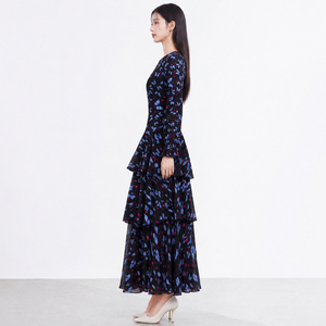 Robe longue plissée décontractée en mousseline de soie à imprimé floral vintage pour femme, coupe trapèze froncée, tissée naturellement, automne-hiver - Product Image 4