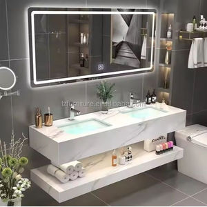 Modern Integrated Metal Steel Wall-Mounted Double Basin Bathroom <b>Vanity</b> Floating Ceramic Sink Dressing <b>Table</b> - Product Image 1