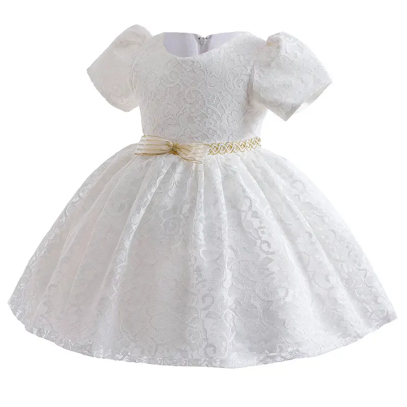 Vestidos de nia Baby Girl Party Dresses Puff Sleeves Classical Infant Baptism Dress Girls White Lace Dresses with gold belt