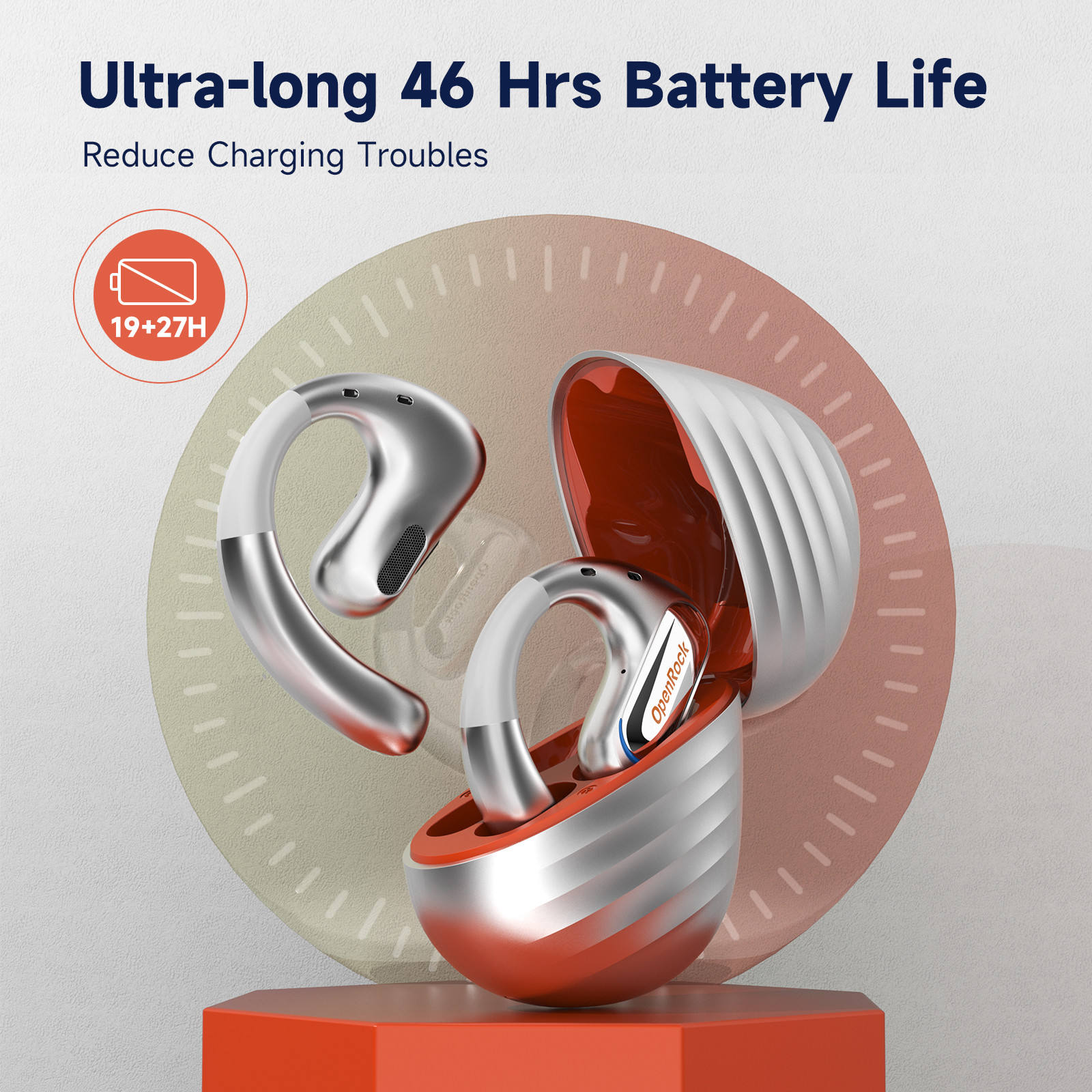 ORANGLES OpenRock Open-Ear Wireless Earbuds | Ear Hook Design, Long Battery Life, Secure Fit, Bluetooth (Silver) - detailed closeup view - illustrating benefits - Image 3 of 6 | created for all | Shop OpenRock Open-Ear Wireless Earbuds | Ear Hook Design, Long Battery Life, Secure Fit, Bluetooth (Silver) North Carolina | Free Shipping ORANGLES