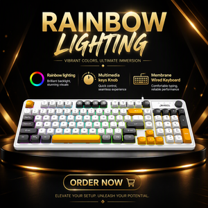 คีย์บอร์ดเกมมิ่งแบบมีสาย รุ่น Hot Sale ปุ่มแบบเมมเบรน แสงพื้นหลังสีรุ้ง แบบภาษาอังกฤษ พร้อมปุ่มมัลติมีเดีย สายถอดแยกได้แบบ Type-C วัสดุ ABS สำหรับเดสก์ท็อป - Product Image 1
