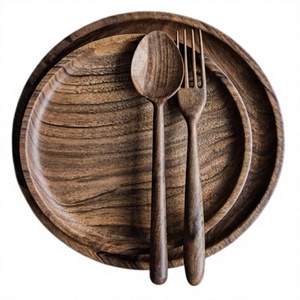 Ensemble de vaisselle en bois artisanal, assiettes rondes en bois massif avec cuillère et fourchette en bois pour la table à manger - Product Image 1