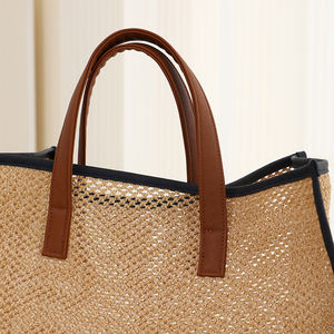 Sacs fourre-tout réutilisables <span class=keywords><strong>en</strong></span> paille tressée de haute qualité pour femmes, avec poignée <span class=keywords><strong>en</strong></span> <span class=keywords><strong>cuir</strong></span>, pour le shopping et les voyages - Product Image 6