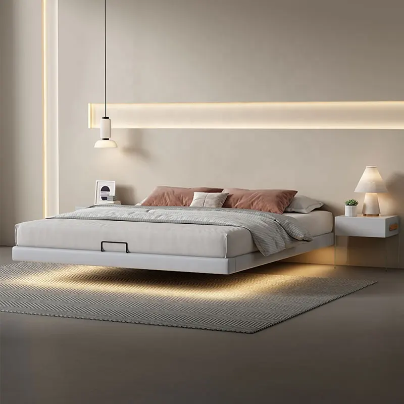 Современная простая кожаная кровать для спальни без прикроватного столика, двуспальная кровать с подсветкой, умная кровать