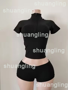 Traje Corto de Verano para <span class=keywords><strong>Mujer</strong></span>, Chaqueta con Cuello Alto y Pantalones Cortos de Nailon y Spandex, Estilo Y2K, Conjunto Deportivo de 2 Piezas, Venta al Por Mayor - Product Image 4