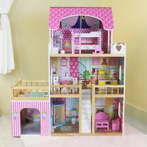 2023 Groothandel Fabriek Leveren Doe-Het-Zelf Roze Oem Grote Houten Kids Speelgoed Pop Huis Deur Kits Mini Miniatuur Meubels Voor Meisjes