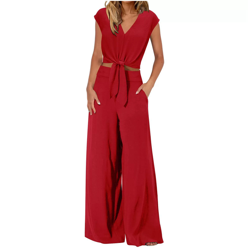 Channel Women's Summer Matching 2 Piece Outfits 2025 Casual Cap Sleeve V Neck Belted Cropped Tops Tie Waist Wide Leg Pant Sets · image 6