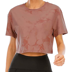 Camiseta Corta de Mujer con Estampado Tie Dye, Cuello Redondo, Manga Corta, Informal, Transpirable, de Algodón Tejido, Estilo Primavera-Verano - Product Image 1