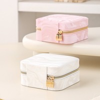 Boîte à bijoux en cuir PU à imprimé marbré avec fermeture éclair, mini étui de rangement portable pour colliers, boucles d'oreilles, bagues, rose lumineux et blanc