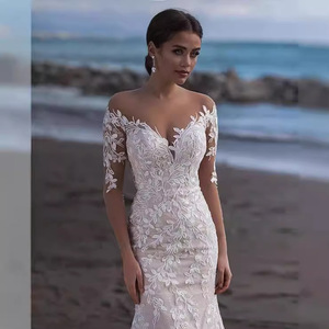 Off The Shoulder Lace Wedding Dress Mermaid Silhouette Sweetheart Neckline White Bridal Gown With Train Vintage Style - Product Image 3