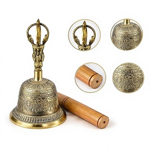Campana Vajra Tibetana de Latón Hecha a Mano con Palo de Madera, Diseño Oriental Tradicional Tallado a Mano - Product Image 5