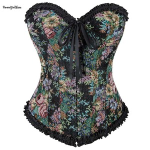 Plus Size Xs-xxl Vintage Renaissance Fair Corselet Woman's Black <strong>Rose</strong> Printed Denim Jean Fabric Ruffled Corset <strong>Top</strong> - Product Image 1