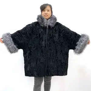 Disesuaikan kualitas tinggi wanita musim dingin ponco bertudung rubah alami bulu kerah kasual ukuran Plus asli mantel jubah bulu Karakul
