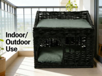 Tour à chat multi-niveaux moderne en osier, avec lit et grotte pour chat, coussins confortables, confort félin rectangulaire, design élégant et tendance, lits pour animaux de compagnie