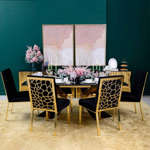 Chaise de salle à manger en acier inoxydable doré de loisirs <span class=keywords><strong>2023</strong></span>, dossier en nid d'abeille, chaise de restaurant en velours pour la maison, l'hôtel, le mariage - Product Image 1
