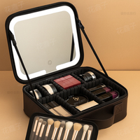 Valise de voyage professionnelle personnalisée en usine avec miroir LED, sac en cuir imprimé léopard, sangle de valise, fermeture éclair cosmétique, grande boîte portable