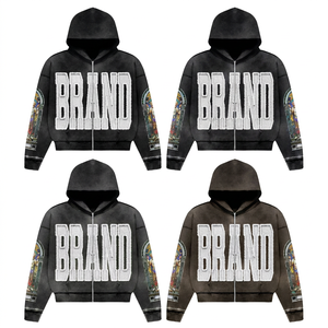 Hiver Personnalisé Impression DTG Logo Acid Washed Heavyweight Cotton Unisex Cropped Boxy Distressed Zip up Hoodie - Product Image 1