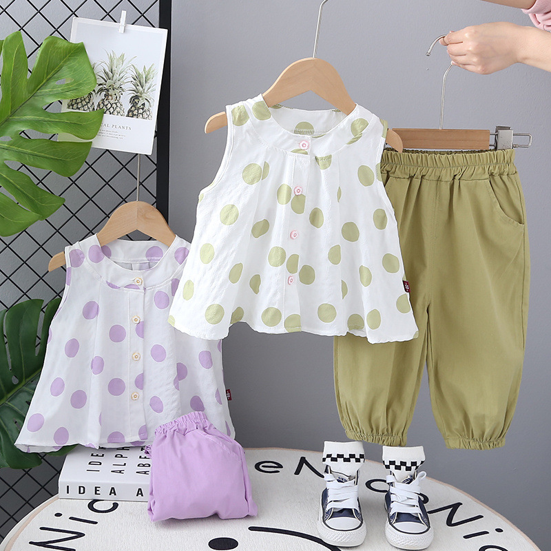 Girls Casual Korean Polka Dot Sleeveless Lace Shirt WORSTED Cotton Summer Thin Short-Sleeved Vest Little Girl's Loose Pants Bow