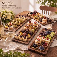 Ensemble de 6 planches à servir en bois d'acacia à bords festonnés, design romantique ondulé, plateau à charcuterie pour dessert et fruits