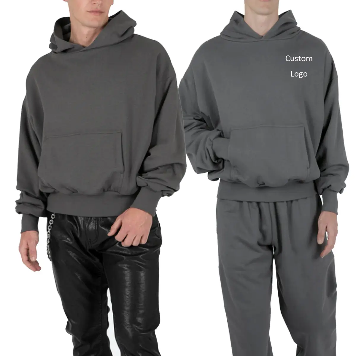 Özel kömür gri çift katman fransız terry kırpılmış hoodies bilek kabartma kapüşonlu eşofman üstü erkekler için