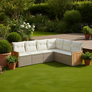 Ensemble de canapés de jardin en rotin beige avec coussins en mousse haute densité, mobilier d'extérieur au design contemporain - Product Image 2