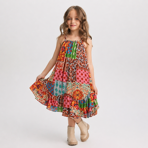 Abbigliamento per Bambine, Vestito Estivo Bohémien con Patchwork, Morbido Abito Principessa - Product Image 1