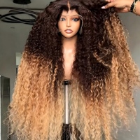 Perruque bouclée Jerry Ombre Brun Blond Miel sans colle 4x4 HD pour Lace Frontal en Cheveux Humains Vierges
