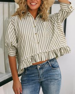<span class=keywords><strong>Camicia</strong></span> da <span class=keywords><strong>donna</strong></span> autunnale a righe con orlo in pizzo, vestibilità ampia, <span class=keywords><strong>mezza</strong></span> <span class=keywords><strong>manica</strong></span>, colletto a risvolto, in poliestere elasticizzato a 4 vie - Product Image 3