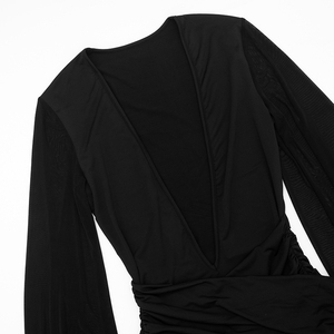 Robe moulante plissée mini à manches longues en maille, col en V profond, couleur unie, sexy, nouvelle collection Viviblook Q26DS206 pour femmes - Product Image 6