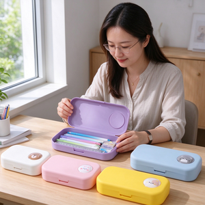 Estuche de Plástico para Lápices con Diseño de Animales de Dibujos Animados, Caja de Papelería Rectangular de 20 cm con <span class=keywords><strong>Tapa</strong></span> a Presión, 5 Colores para Niños Escolares - Product Image 2