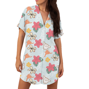 Commercio all'ingrosso della fabbrica del Loq basso delle donne T-Shirt Dress <span class=keywords><strong>Aloha</strong></span> Palaka stampa taglie forti stile Casual camicia di bambù nodo canapa abito da donna - Product Image 6