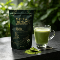Sachet d'emballage alimentaire en plastique blanc mat avec fermeture éclair pour poudre de thé vert matcha imprimée OEM, pour poudre de thé biologique, 8 oz