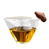 Tasse à thé en verre avec poignée en bois épaisse, résistante à la chaleur, design minimaliste chinois, 220 ml, pour service public – Le contentement est toujours une source de joie