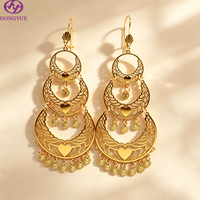 Anting-anting liontin berlapis emas 24K dengan desain hati, berumbai, berlapis-lapis, panjang, besar, bergaya Dubai untuk pengantin wanita.