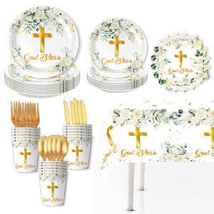 Platos y Vasos Desechables de Papel para Fiesta de Baby Shower con Tema de Cruz Floral Blanca para <span class=keywords><strong>Bautizo</strong></span> de Bebé Recién Nacido - Product Image 2