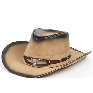 Geniş ağız batı kovboy caz şapka kap erkekler kadınlar inek derisi fötr şapkalar şerit Metal Bullhead dekore siyah Panama kap