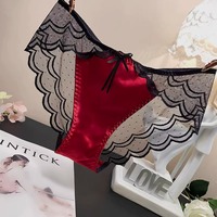 Culottes en dentelle transparente pour femmes européennes et américaines, culottes en satin doux avec nœud, entrejambe en coton respirant et antibactérien