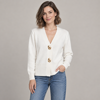 Großhandel Damen V-Ausschnitt Strickjacke mit Geripptem Saum und Goldknöpfen Herbst Winter Oberbekleidung Langarm Eleganter Pullover