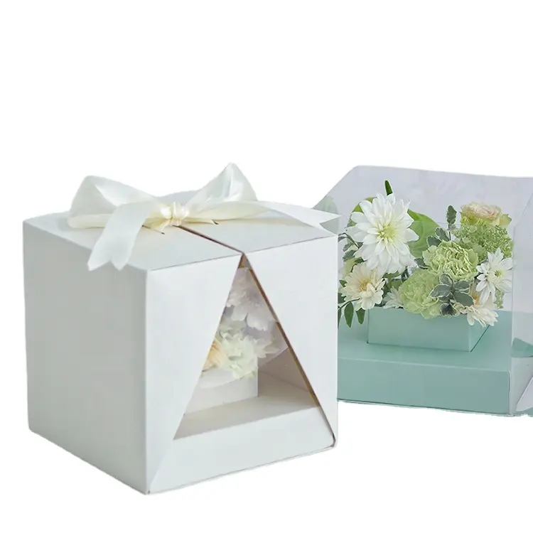 Boite à fleurs transparente en PVC, portable, en forme de V, boîte-cadeau pliable, pour bijoux, gâteaux, fleurs, chocolat