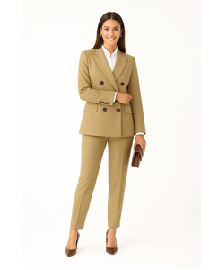Women’s Beige <b>Wool</b> Double Breasted Suit Elegant Tailored Blazer and Slim <b>Pants</b> Set Premium Formal Office Wear Business Outfit - Product Image 1