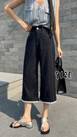 Jeans amples taille haute élastiques pour femme, couleur unie, coupe droite, avec revers volantés, pour l'été – Vente en gros