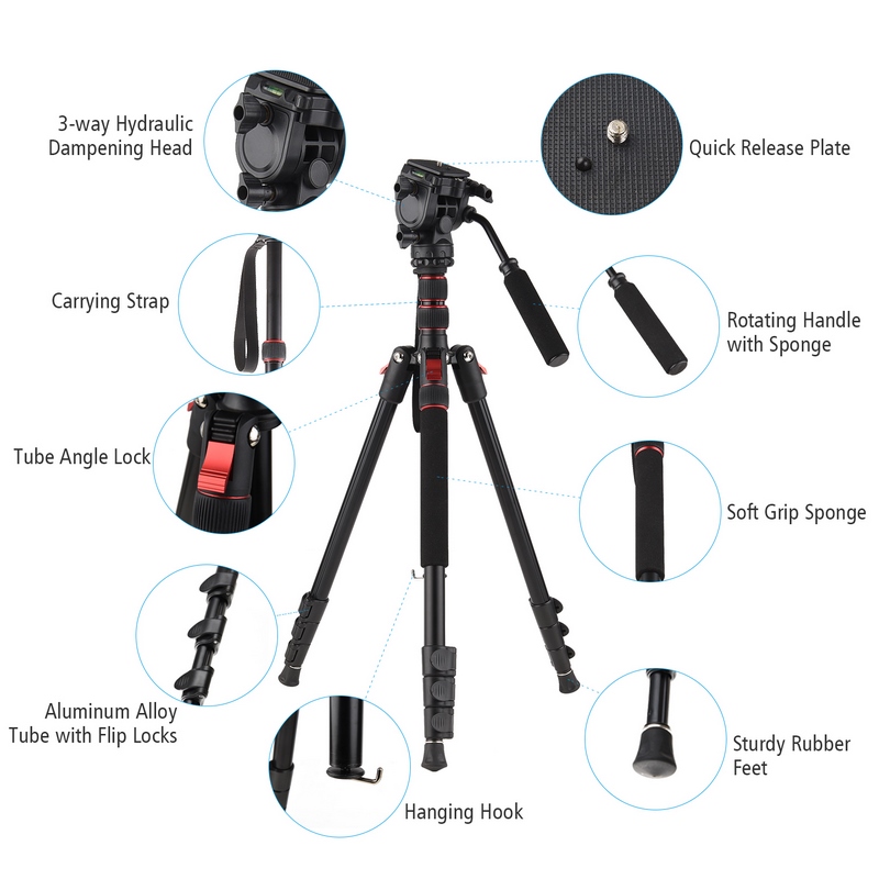Andoer 200 cm / 78 inch camera statief 2 in 1 aluminium omkeerbare monopod voor DSLR met 360 graden balhoofd 8 kg laadvermogen inclusief draagtas voor reisfotografie