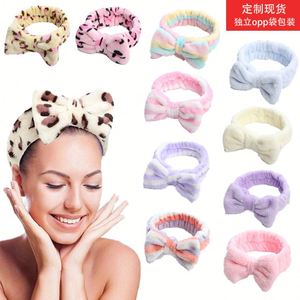 Soft Fleece Leopard Print <b>Bow</b> Headband Adjustable Velcro Hair Hoop Cute Wash Face Spa Makeup Hair Band Accessories Wholesale - Product Image 2