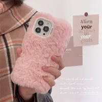 Coque de téléphone en peluche couleur unie style INS avec support de téléphone, compatible avec les modèles 11/12/13/16/17 Pro Max, design maquillage pour femme