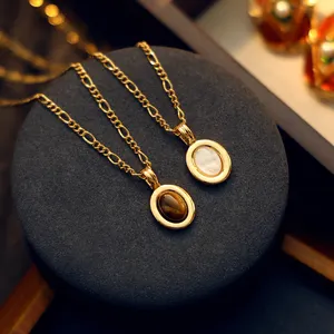 Moda Vintage 18k altın PVD kaplama pirinç doğal kaplan gözü taş takı Oval kolye kolye kadınlar için