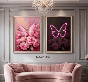 Set di 2 Stampe su Tela con Farfalle Rosa e Rose, Effetto Neon, Dipinti Floreali Romantici con Cornice - Product Image 1