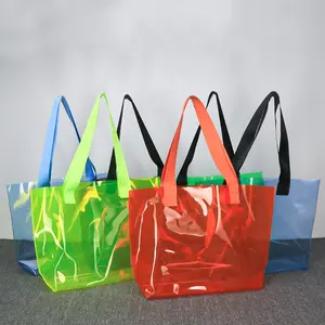 Logotipo personalizado Mulheres Moda Colorido Holográfico Plástico PVC Limpar Tote Saco De Compras Para Roupas