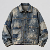 Veste en jean oversize pour homme, bleu délavé, patchwork, éclaboussures de peinture, streetwear, personnalisable, B2B, OEM, ODM, vente en gros, marque privée